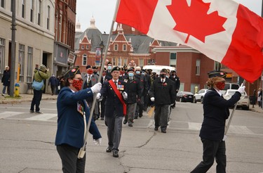 Stratford’s Remembrance Day parade marches up Downie Street toward the Stratford Cenotaph Thursday morning for the city’s Remembrance Day ceremony. Galen Simmons/The Beacon Herald/Postmedia Network