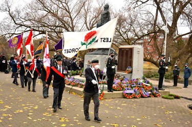 The Stratford Legion Colour Party arrives at the Stratford Cenotaph Thursday morning for the city’s Remembrance Day ceremony. Galen Simmons/The Beacon Herald/Postmedia Network