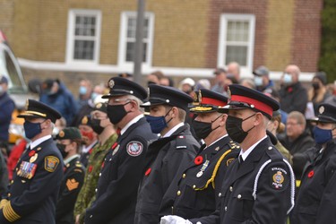 Local first responders, members of the military and others watch Stratford’s Remembrance Day ceremony Thursday morning at the Stratford Cenotaph. Galen Simmons/The Beacon Herald/Postmedia Network