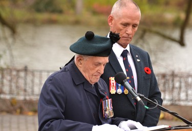 Second World War veteran Art Boon announces the placing of the wreaths at Stratford’s Remembrance Day ceremony Thursday morning.  Galen Simmons/The Beacon Herald/Postmedia Network