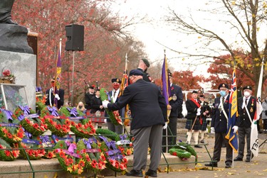 Stratford Legion president Dale Bast places a wreath at the Stratford Cenotaph on behalf of the Royal Canadian Legion Branch 8 Thursday morning during the city’s Remembrance Day ceremony. Galen Simmons/The Beacon Herald/Postmedia Network