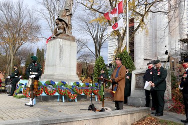 Remembrance Day service at cenotaph on Queen Street East on Thursday, Nov. 11, 2021 in Sault Ste. Marie, Ont. Branch 25 padre Rev. Phil Miller recites In Flanders Fields. (BRIAN KELLY/THE SAULT STAR/POSTMEDIA NETWORK)