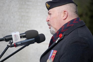 Remembrance Day service at cenotaph on Queen Street East on Thursday, Nov. 11, 2021 in Sault Ste. Marie, Ont. Blake Golder, former commanding officer of the 49th Field Regiment, speaks. (BRIAN KELLY/THE SAULT STAR/POSTMEDIA NETWORK)