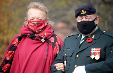 Remembrance Day service at cenotaph on Queen Street East on Thursday, Nov. 11, 2021 in Sault Ste. Marie, Ont.  Silver Cross mother Donna Crosson prepares to lay a wreath. (BRIAN KELLY/THE SAULT STAR/POSTMEDIA NETWORK)