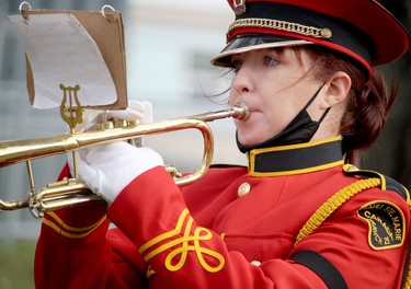 Remembrance Day service at cenotaph on Queen Street East on Thursday, Nov. 11, 2021 in Sault Ste. Marie, Ont.  Royal Canadian Legion Branch 25 Drum and Trumpet Band performs. (BRIAN KELLY/THE SAULT STAR/POSTMEDIA NETWORK)