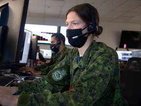 Maj. Vanessa Larochelle-Meilleurtakes part in an international synthetic exercise replicating battlefield operations. This is the fourth time the exercise has been executed from 22 Wing. 
Cpl. Rob Ouellette, Imagery Technician Photo