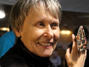 Roberta Bondar holds a Cecropia moth during a launch for the third annual Sault Ste. Marie Science Festival at Ontario Finnish Resthome Association in Sault Ste. Marie, Ont., on Tuesday, April 25, 2017. (BRIAN KELLY/THE SAULT STAR/POSTMEDIA NETWORK)