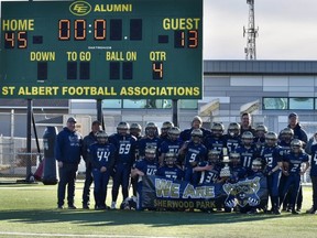 The Sherwood Park Wolverines Blue team defeated Leduc 45-13 to capture the CDMFA’s Tier 2 city championship. Photo Supplied