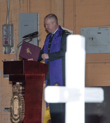 Padre Howard Rittenhouse reads passages from the bible during the Remembrance Day Ceremony just before the laying of the wreaths. on November 11, 2021 at 4 Wing Cold Lake