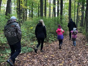 In partnership with three local Rotary Clubs, the Upper Thames River Conservation Authority is hosting Nature Nearby outdoor, education events in Stratford, Mitchell and St. Marys on Saturday. Pictured, a family walks through the Sparling Bush in St. Marys during a previous Nature Nearby event last month. Submitted photo