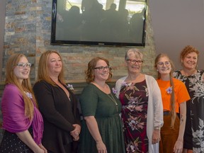 The winners at the 2019 Amazing Airdrie Women Awards, Danielle Edwards, Kimberly Ford, Sarah Cormier, Wendy Timmermans, and Robin Bishop pose with airdrie life publisher Sherry Shaw-Froggatt, far right, on Friday, May 10, 2019. The awards are returning in-person on November 25. (Photo by Kelsey Yates/Airdrie Echo/Postmedia Network)