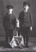 Alexander Sutherland and John Angus "Gus" MacLeod with their dog, "Sport". Both Ripley men went to serve in World War 1, with only Gus returning to run the Ripley Post-office.