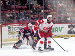 Soo Greyhounds forward Marc Boudreau (#13) jams up the front of the net against the Saginaw Spirit at the GFL Memorial Gardens on Nov. 2.  The Greyhounds dropped a 4-1 road decision to the Spirt in OHL action on Wednesday night in Saginaw.