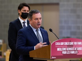 Prime Minister Justin Trudeau (left) and Alberta Premier Jason Kenney during a joint federal-provincial announcement of $10-a-day daycare at Boyle Street Plaza in Edmonton, on Monday, Nov. 15, 2021. Photo by Ian Kucerak