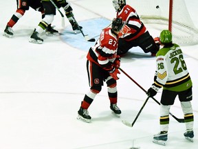 Brandon Coe of the host North Bay Battalion converts Kyle Jackson's pass past Ottawa 67's goaltender Will Cranley in the second period of their Ontario Hockey League game Thursday night. The Troops visit the Oshawa Generals Friday night before hosting the Niagara IceDogs Sunday.
Sean Ryan Photo
