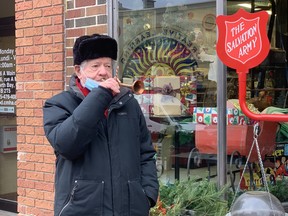Ralph Diegel, owner of Antiques at Deegan's on Main Street West, blows a mini trumpet to help kick off the annual Salvation Army Kettle campaign, Friday. The Salvation Army North Bay has seen a 50 per cent increase in the number of lunches it provides to students attending North Bay schools. Jennifer Hamilton-McCharles, The Nugget