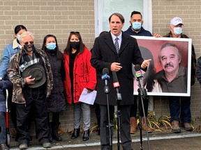 Simcoe lawyer Michael Smitiuch and members of Rodger Kotanko’s family held a news conference Thursday in front of the gunsmith’s home on Port Ryerse Road. Kotanko died of gunshot wounds Nov. 3 in his shop during an interaction with members of the Toronto Police Service. – Brian Thompson