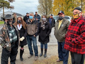 Many members of the community attended a press conference Thursday at the home of Rodger Kotanko on Port Ryerse Road west of Port Dover. Kotanko – a gunsmith – died of gunshot wounds Nov. 3 after members of the Toronto Police Service executed a search warrant at his shop next to his house. Seen here with Kotanko’s brother Jeff, at left, are Darlene Boudreau, Simcoe gunsmith Dan Nagy, Leigh Nagy, Bert Cronkwright and David Huffman. – Monte Sonnenberg