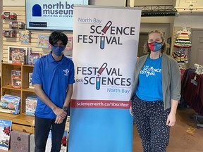 Inuka Silva, left, of the FIRST Team 1305 robotics and Grace Schmidt, a scientist with Science North, kick of the fourth annual North Bay Science Festival, Friday, at the North Bay Museum.
Chris McKee/The Nugget
