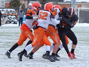 The Salisbury Sabres couldn’t get any traction in an 18-0 loss in the Tier 1 provincial semifinal against Calgary’s St. Francis Browns on Saturday at Emerald Hills. Photo courtesy Connie Nichol