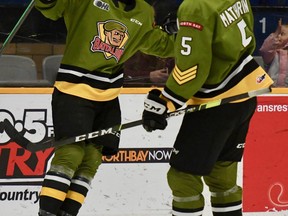 Josh Currie of the North Bay Battalion celebrates his first-period goal against the visiting Niagara IceDogs in Ontario Hockey League action Sunday as Tnias Mathurin lends support. The Troops visit the Peterborough Petes on Thursday night.
Sean Ryan Photo