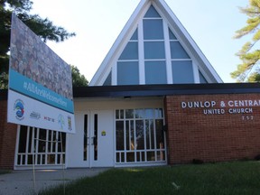 An All Are Welcoming Here sign is shown outside of Sarnia's Dunlop and Central United Church.