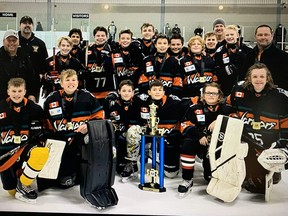 The Norfolk Knights U13 peewees outshone the competition recently at the Milton Invitational Showdown tournament. Bringing home the gold medal were, front from left, Austin Westbrook, Carson Kolisnyk, Brody Westbrook, Ryan Cassidy, Owen Sibbick and Nik Johnson. In back, from left, are coach Greg Harvey, coach Chris Westbrook, coach Chad Smart, Nathan Pilgram, Landon Harvey, William Hamilton, Grant Thomas, Jack Smart, Mason McNaughton, Sam Dwyer, Matty Carlson, Noah Bint, trainer Kris Johnson, Alex Davidson, and head coach Doug Dwyer. Absent from the photo is player Kennedy Beck and team manager James Hamilton. – Contributed photo