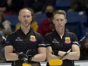 Sault Ste. Marie skip Brad Jacobs and 3rd.Marc Kennedy during draw 8 against team Gushue at the Canadian Olympic Curling Trials in Saskatoon. Team Jacobs dropped a 7-6 decision to Team Gushue in extra ends.