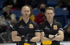 Sault Ste. Marie skip Brad Jacobs and 3rd.Marc Kennedy during draw 8 against team Gushue at the Canadian Olympic Curling Trials in Saskatoon. Team Jacobs dropped a 7-6 decision to Team Gushue in extra ends.