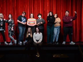 Xander Howey (from left to right), Iris Wournell, Reed Konschuk, Taylor Foord, Maddy Belle, Carlin Hartmann Duc Dang, Koneko Wong, Giana Chaalan, and Danny Maiklem, all cast and crew members of "A Winter's Gift," stand in-character at Bert Church Theatre on November 15.
