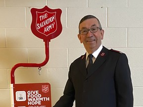 Major Larry Bridger, Kingston Citadel CO shows how the Salvation Army's tiptap machine works as part of the 2021 Kettle campaign for the holidays. Supplied photo