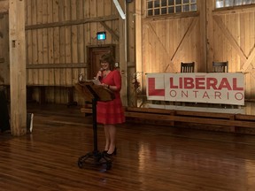 MPP Liberal Candidate in Huron-Bruce, Shelley Blackmore, speaks to the crowd at Four Winds Wedding and Event Barn in Brussels on the evening of November 17 for her campaign kick-off. Looking on is her family and Ontario Liberal Leader, Steven Del Duca. Hannah MacLeod/Lucknow Sentinel