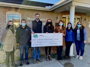 Pictured (L-R): Morgan Murray, Office Support – Engagement for the Nuclear Waste Management Organization, Dane Cronin, Justin McKague, Community Liaison Committee Member, Darcy Frook, Kailee Liesemer, Morgan Hickling, CLC Project Coordinator for the Municipality of South Bruce, and Trystan Beninger at the cheque presentation in Teeswater. Absent are bursary recipients Brooke Jez and Carly Frank. Steven Travale photo