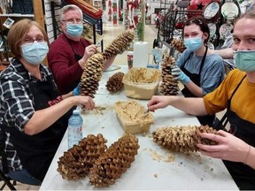 Pitching in to stuff giant pinecones with suet and peanut butter at Backyard Birder are, from left, Carol Poitras, Richard Butler, Kate Pappin and Mat Cameron. The store is donating $10 from each cone purchased to the Sudbury Food Bank.