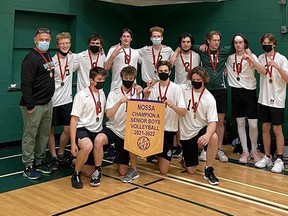 Members of the Lockerby Vikings senior boys volleyball team celebrate their NOSSA A win in Espanola.