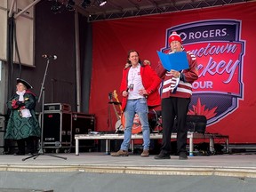 Tillsonburg Mayor Stephen Molnar speaks at the Rogers Hometown Hockey opening ceremonies Saturday morning at the Tillsonburg Community Centre. (Submitted)