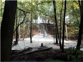 The Ministry of Natural Resources and Forests does not accept responsibility for Silver Hill’s problem with toxic gas wells. A team of geologists attached to the University of Waterloo has a different point-of-view. Here, contaminated groundwater cascades down an embankment at the rear of a property on Silver Hill Side Road. – Contributed photo