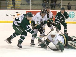 The Sherwood Park Crusaders have lost four in a row since capturing seven of eight points in their four previous outings, which included the pictured 6-1 win over the Okotoks Oilers. 
Photo courtesy Target Photography