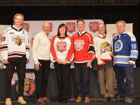 A press conference was held at the Harry Lumley Bayshore Community Centre on Thursday, November 25, 2021 to announce more details on the Hockey Day in Canada festival planned for Owen Sound on Jan. 26-29. From left are Owen Sound Attack captain Mark Woolley, Hockey Day host Ron MacLean, Rhonda White, Scotiabank Owen Sound branch manager, Owen Sound Mayor Ian Boddy, Owen Sound Attack president Bob Severs, and local organizing committee co-chair Fred Wallace.