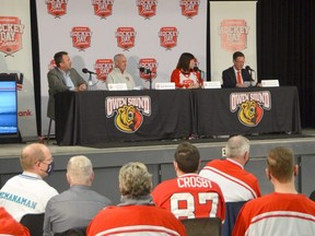 A press conference was held at the Harry Lumley Bayshore Community Centre on Thursday, November 25, 2021 to announce more details on the Hockey Day in Canada festival planned for Owen Sound on Jan. 26-29. Among the speakers were, from left, Joel Darling, executive producer of NHL special events for Sportsnet, Hockey Day host Ron MacLean, Rhonda White, Scotiabank Owen Sound branch manager, and Owen Sound Mayor Ian Boddy.