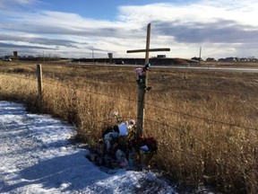 A memorial at the site where the body of 33-year old Saladina Vivancos was found in Parkland County in November 2019. A Spruce Grove man, 38-year old Blake Jolicouer is facing a second degree murder charge. The trial is set to begin in March 2022 in Edmonton.