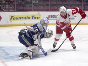 Soo Greyhounds forward Cole MacKay in OHL action against the Sudbury Wolves. MacKay notched his 150th OHL point with a goal at 9:11 of the second period. On Mackay’s goal the Hounds held a 3-0 lead but surrendered five consecutive goals in a 5-3 road loss to the Erie Otters on Thursday night.