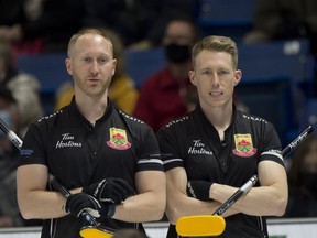 Sault skip Brad Jacobs and 3rd Marc Kennedy during draw 8 against Team Gushue at the Canadian Olympic Curling Trials in Saskaton on Tuesday. Team Jacobs picked up an 8-2 victory over Team Koe on Thursday to improve their record to 5-1 after six games.