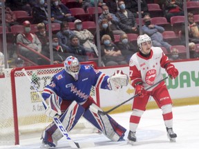 Soo Greyhounds forward Justin Cloutier in OHL action against the Kitchener Rangers at the GFL Memorial Gardens back in late October. Cloutier had his first multi point game on Friday night but the Hounds still dropped a 5-4 road decision to the Rangers.