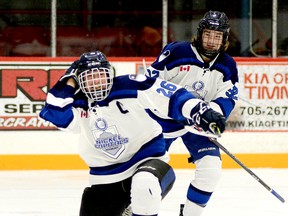 Sudbury U18 Nickel Capitals captain Miguel Renaud celebrates his first period goal along with teammate Brandon Roney during the first period of Saturday night’s Great North U18 League contest at the McIntyre Arena. Renaud’s third goal of the season gave the Nickel Capitals a 2-0 lead in a game they would go on to win 5-2. The two teams will be back on the ice at the McIntyre Arena on Sunday, at 11 a.m., for the second half of their two-game weekend series. THOMAS PERRY/THE DAILY PRESS