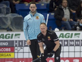 Brad Jacobs during draw 18 against skip Tanner Horgan. Jacobs beat Team Horgan 12-5 at the Canadian Olympic Curling Trials on Friday night in Saskatoon to finish the round-robin 7-1. Jacobs will face Team Koe in the semifinal on Saturday afternoon.