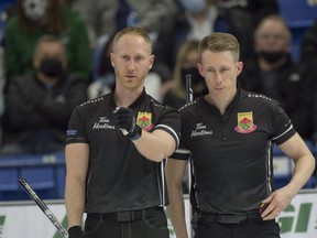 Brad Jacobs and 3rd.Marc Kennedy (L) during their 8-3 semifinal win over Team Koe at the Canadian Olympic Curling Trials in Saskatoon on Saturday afternoon. Team Jacobs advances to Sunday's final against Team Gushue.