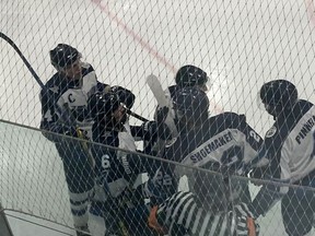 Saugeen Shores Winterhawks celebrated an 8-1 rout of Shelburne Nov. 26 in Port Elgin. [Supplied]