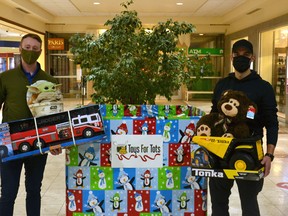 Members of 4th Battalion, The Royal Canadian Regiment in Stratford are once again collecting donations of new toys at the Festival Marketplace Shopping Centre through their annual Toys for Tots toy drive. Pictured are local armed services members Tade Ankenmann and Kirk Lamb. Galen Simmons/The Beacon Herald/Postmedia Network