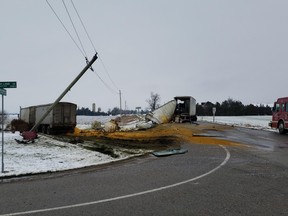 Perth County OPP are investigating a collision between two transport trucks north of Wartburg in Perth East Tuesday morning. Submitted photo